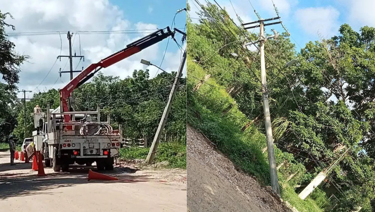 Cae poste de la CFE en Santo Domingo Kesté, Champotón tras intensas lluvias