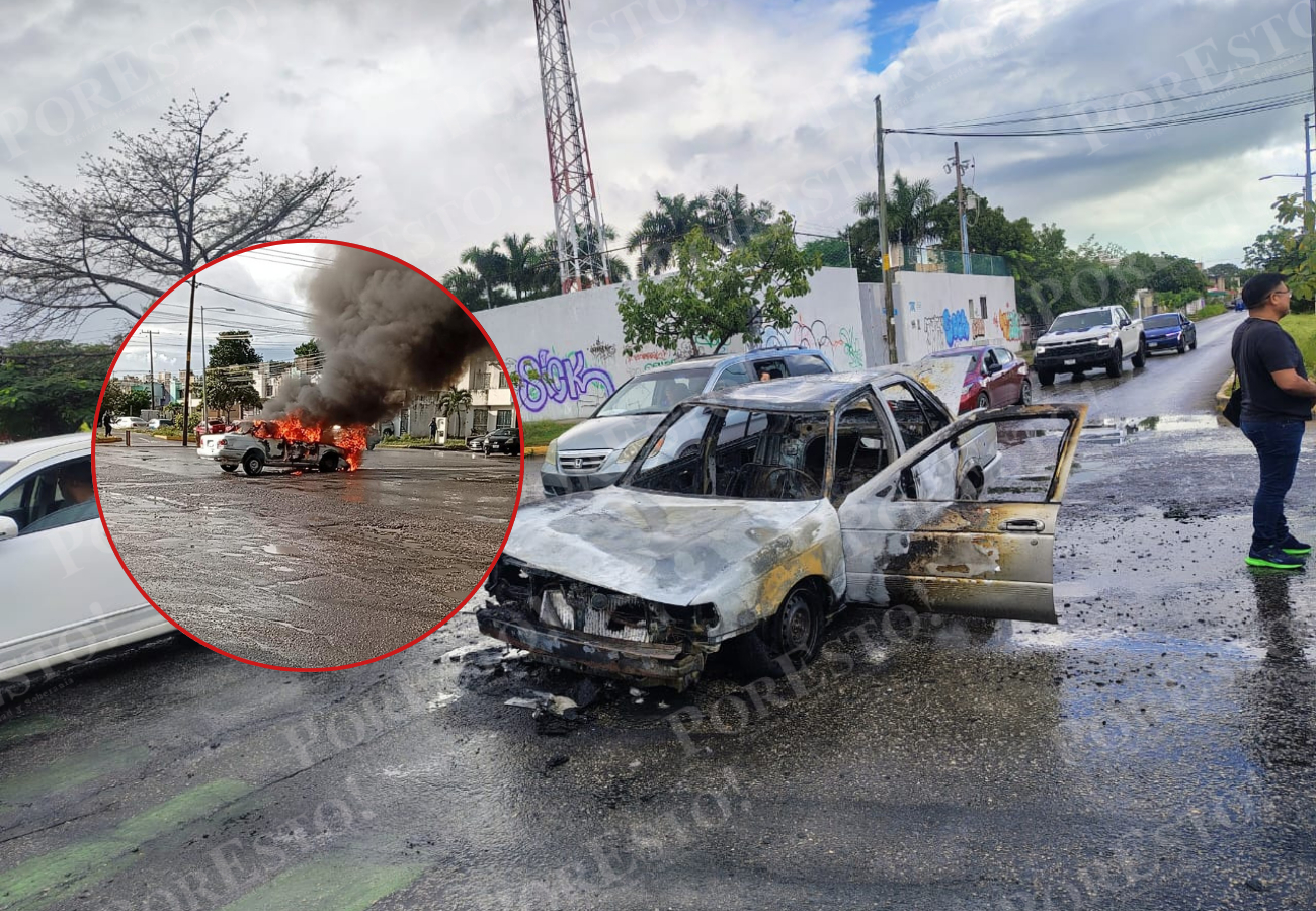 Tsuru se incendia de forma repentina sobre la avenida Chacmol de Cancún