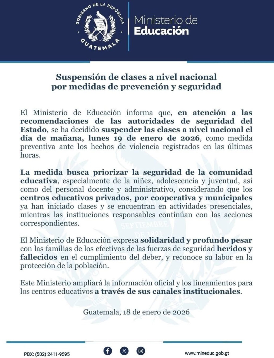 Gobierno de Guatemala informa suspensión de clases por violencia