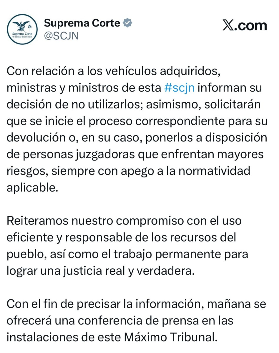 SCJN anuncia que no utilizará vehículos adquiridos
