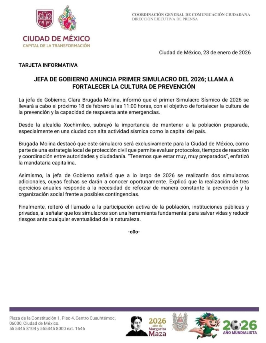 Fecha y hora del primer Simulacro Nacional 2026