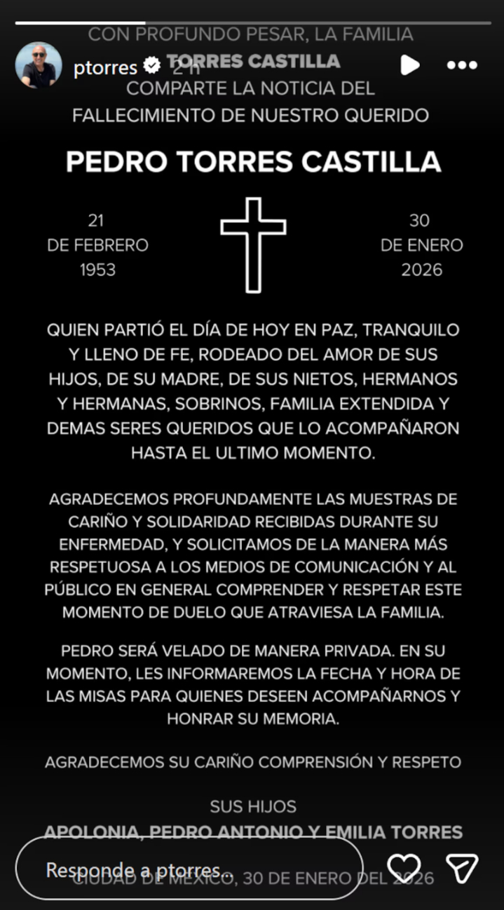La familia confirmó la muerte de Pedro Torres.