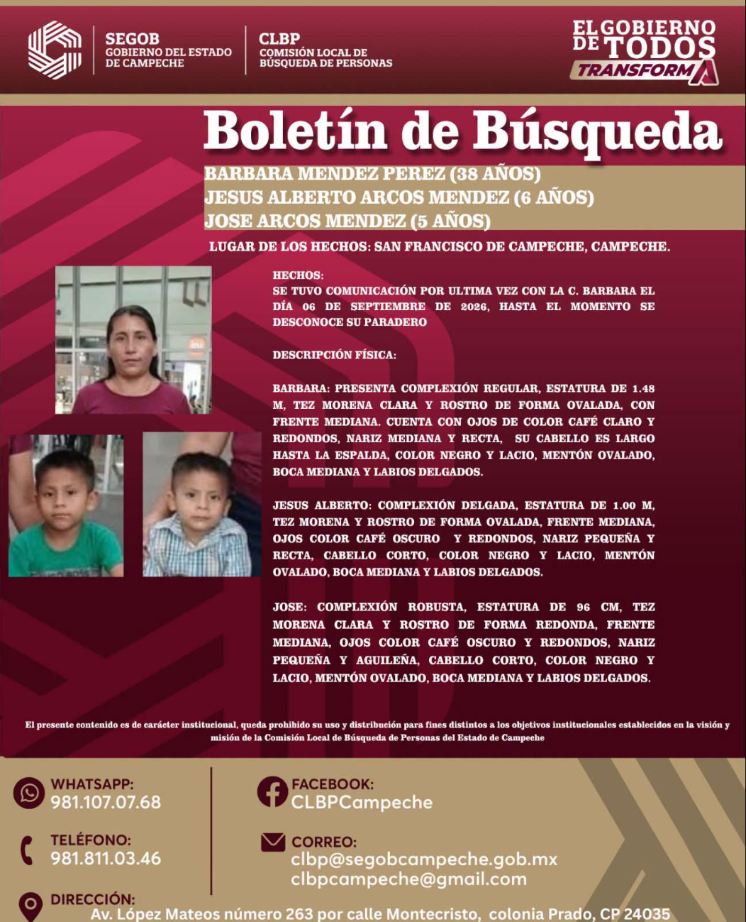 La CLBP difundió las fotografías y señas particulares en su ficha oficial.