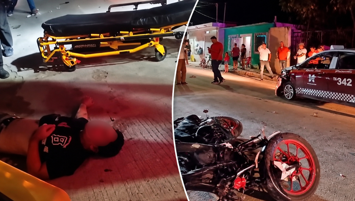 Taxi choca contra motociclista en Champotón; joven termina tendido en el pavimento
