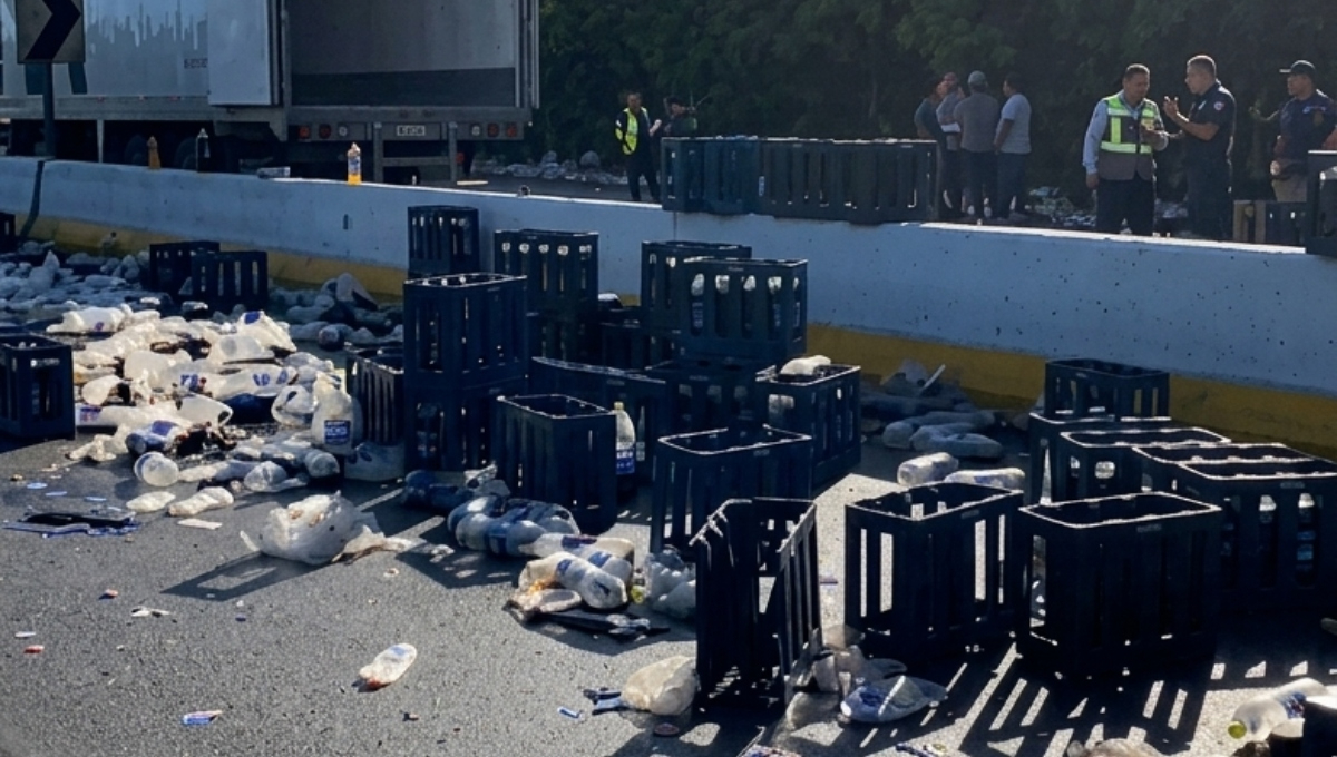 Vuelca tráiler con refrescos en la carretera Mérida–Motul