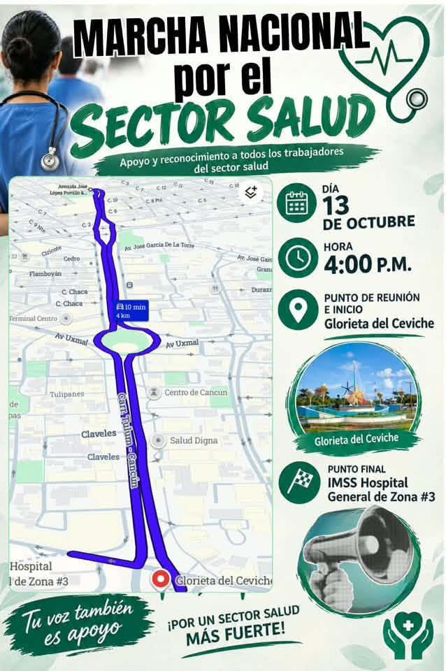 Los participantes avanzarán por una ruta marcada sobre la avenida Tulum y la avenida Xpuhil, hasta llegar al Hospital General de Zona número 3 del IMSS
