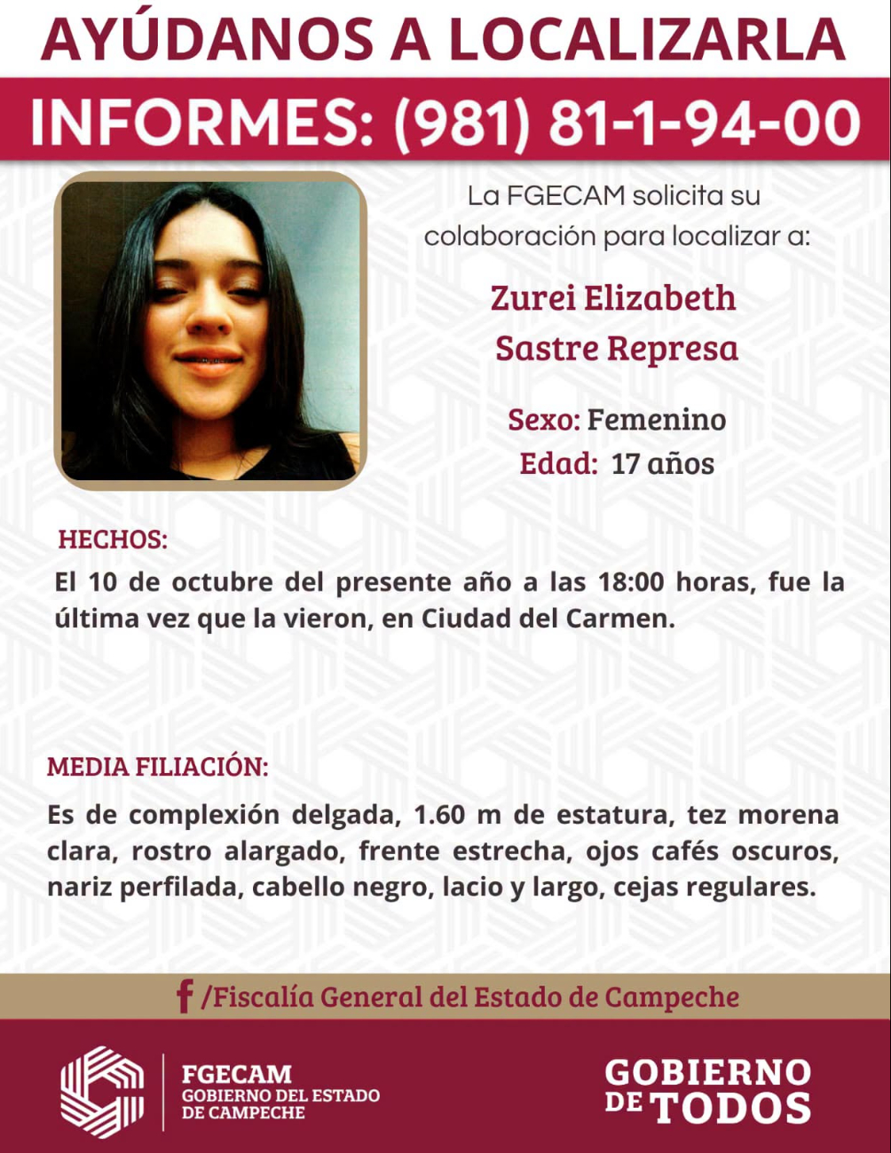 La joven de 17 años de edad desapareció desde el pasado sábado 10 de octubre en Ciudad del Carmen.