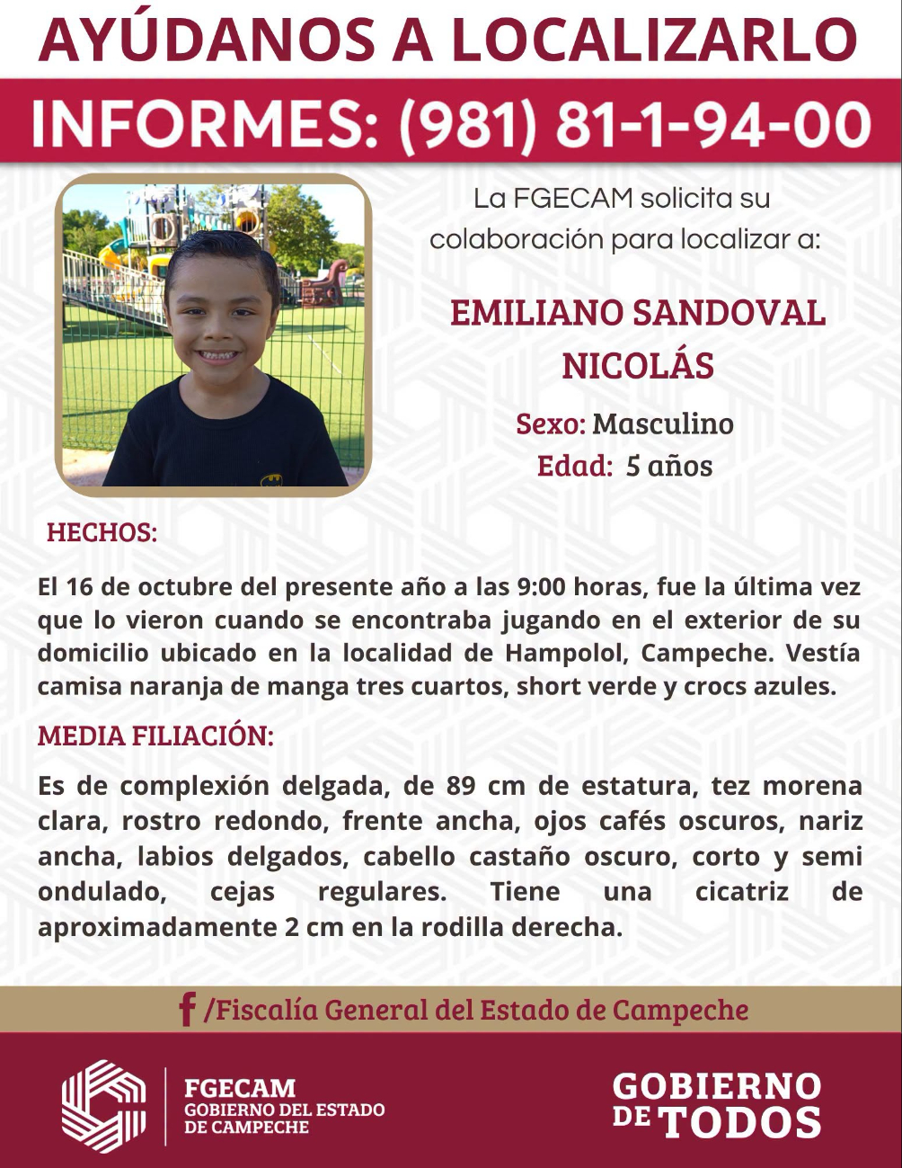 La FGECAM emitió una ficha de búsqueda urgente para localizar al niño Emiliano Sandoval Nicolás, de cinco años de edad.