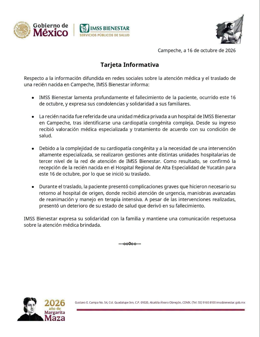 IMSS Bienestar confirma el deceso de la recién nacida Emma tras presentar complicaciones médicas