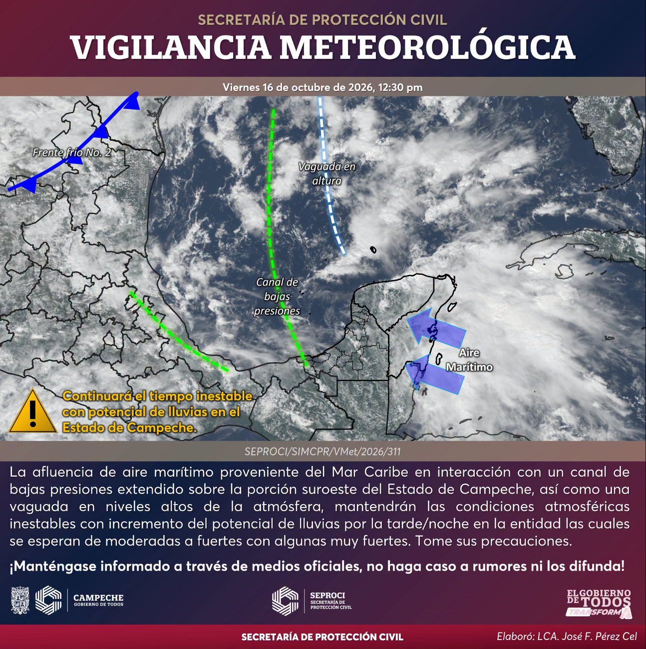 La Seproci advierte sobre lluvias fuertes a muy fuertes, actividad eléctrica y rachas de viento para el fin de semana.