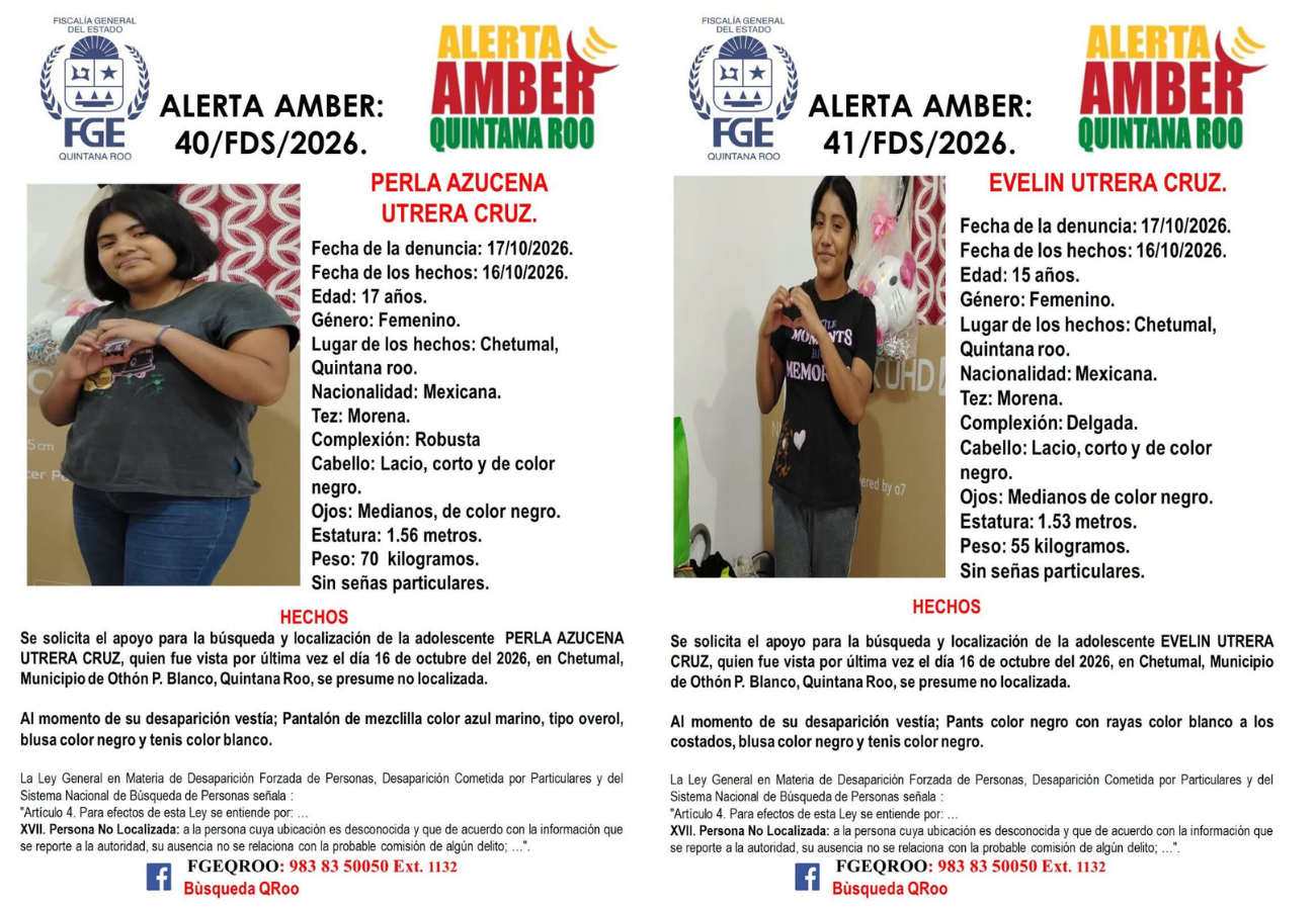 Activan Alertas Amber para localizar a dos adolescentes en Chetumal