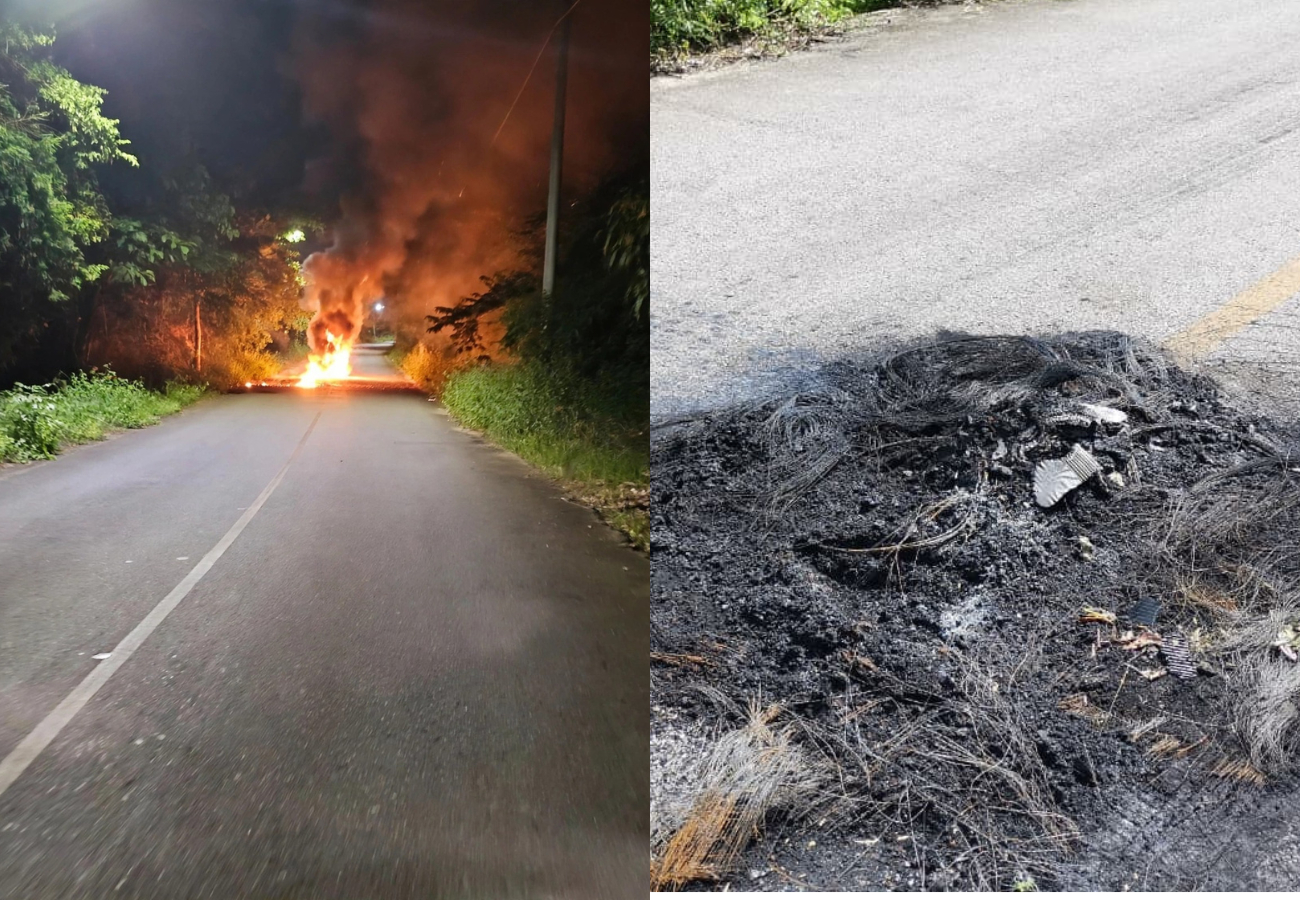 Al llegar al lugar, los agentes localizaron llantas quemadas que bloqueaban parcialmente la carretera