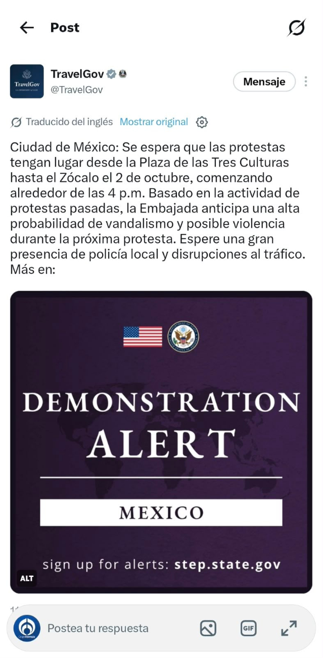 Embajada de EU advierte posibles incidentes durante marcha del 2 de octubre