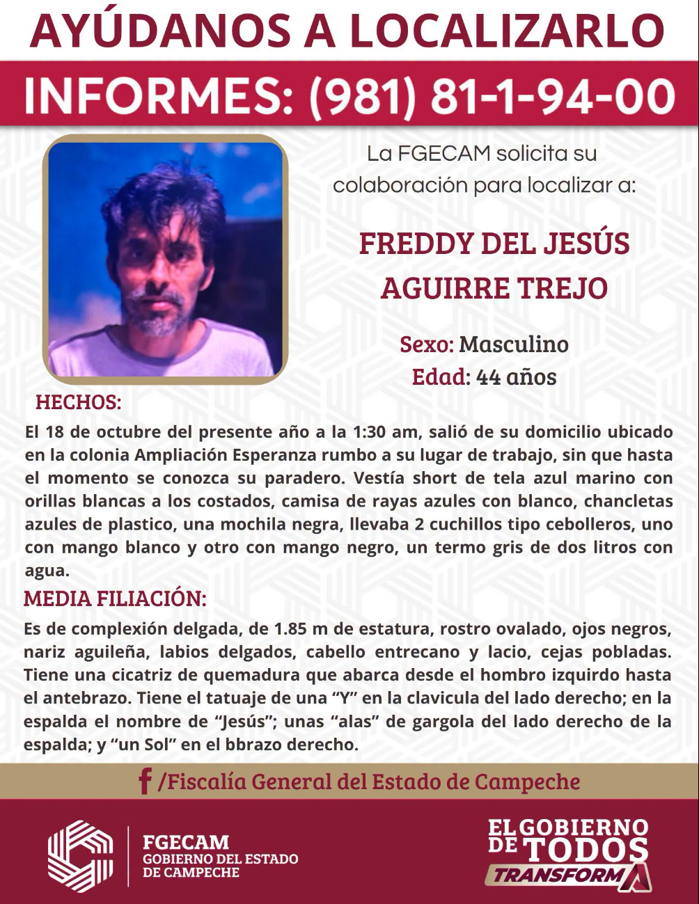 Se reportó su desaparición la madrugada del domingo 18 de octubre tras salir a trabajar.