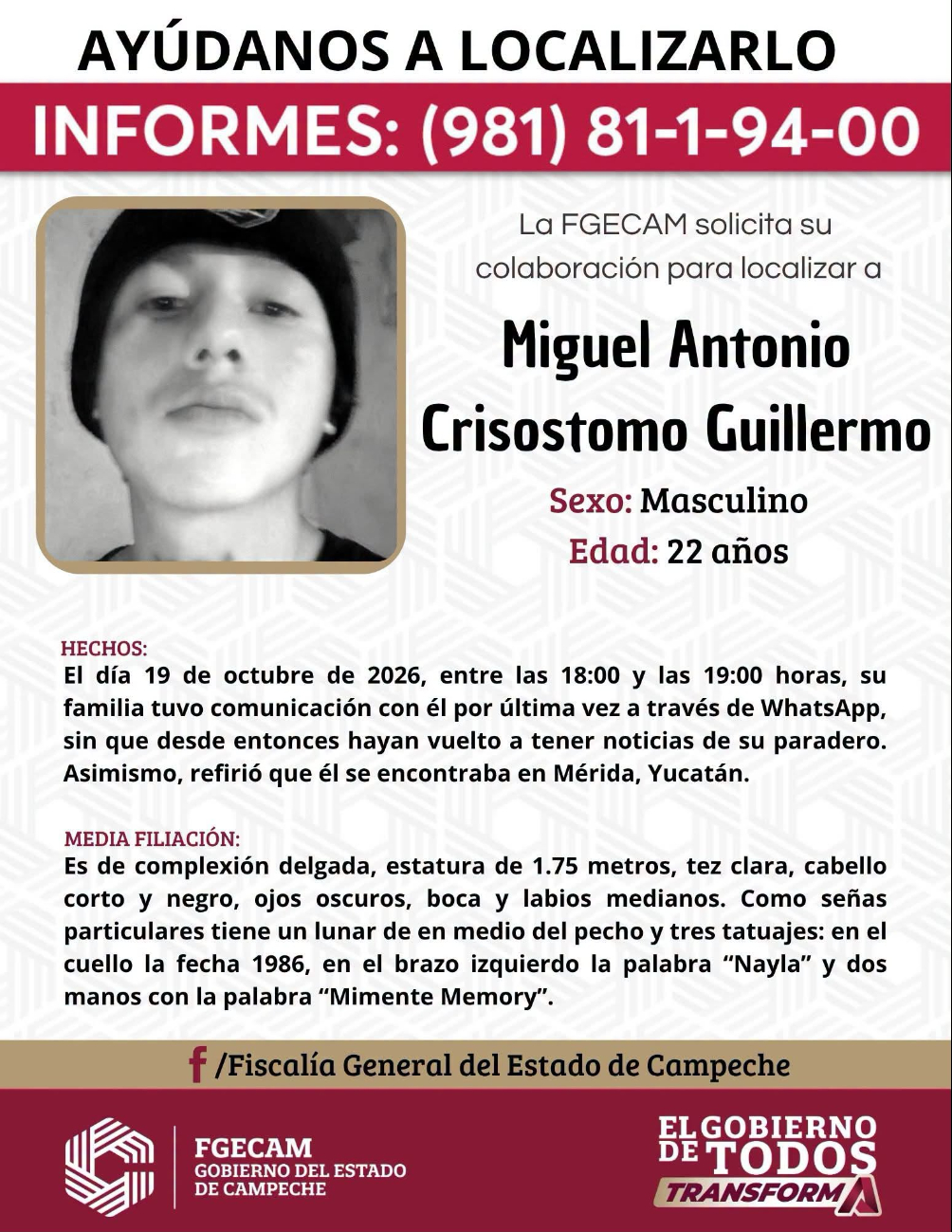 La FGECAM habilitó el número telefónico 981 81 1 94 00 para recibir reportes anónimos.