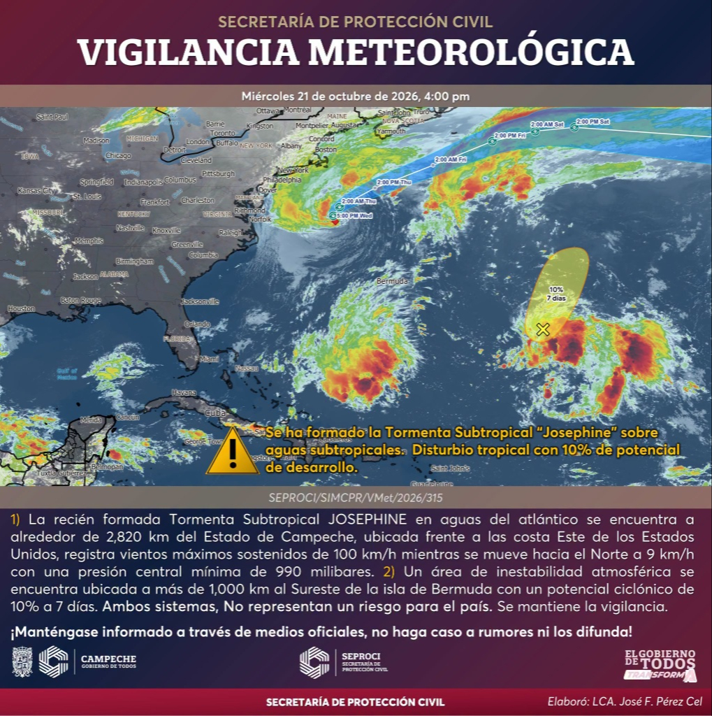Protección Civil de Campeche vigila dos sistemas con potencial o actividad ciclónica en el Atlántico.