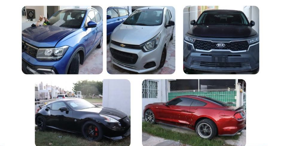 La Fiscalía General del Estado de Campeche confirmó el aseguramiento de cinco vehículos durante un cateo en el fraccionamiento Terranova
