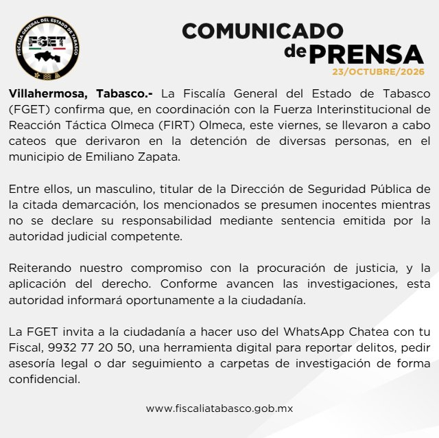 La fiscalía de Tabasco confirmo la detención del funcionario municipal