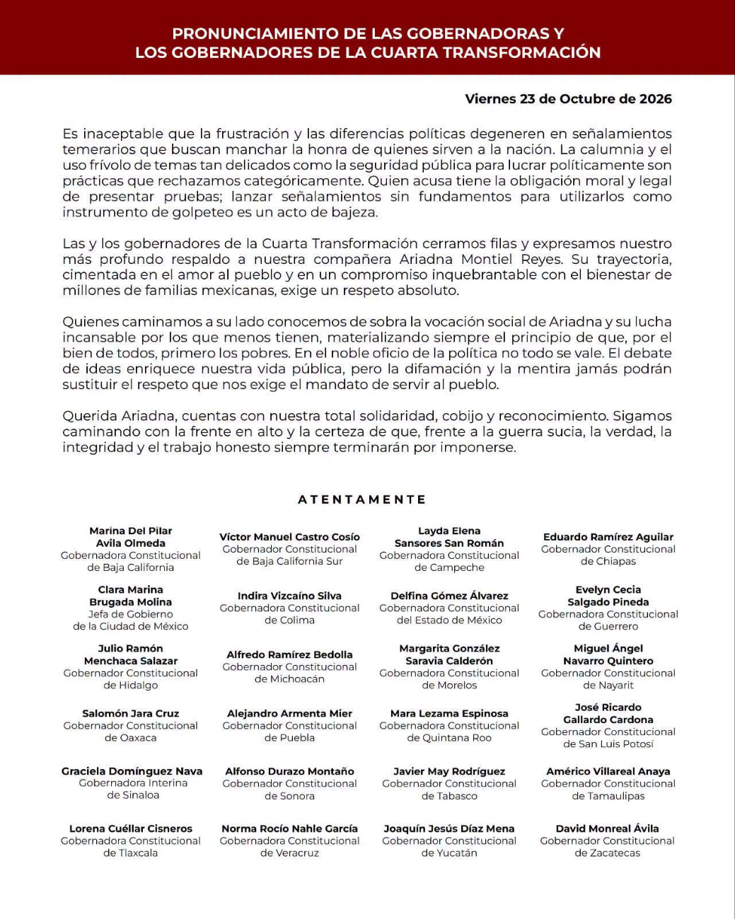 24 gobernadores de la 4T respaldaron a Ariadna Montiel tras acusaciones de la mandataria de Chihuahua.