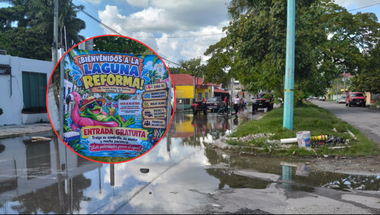 Vecinos de Chetumal colocaron una lona turística satírica para denunciar el abandono de una calle inundada.