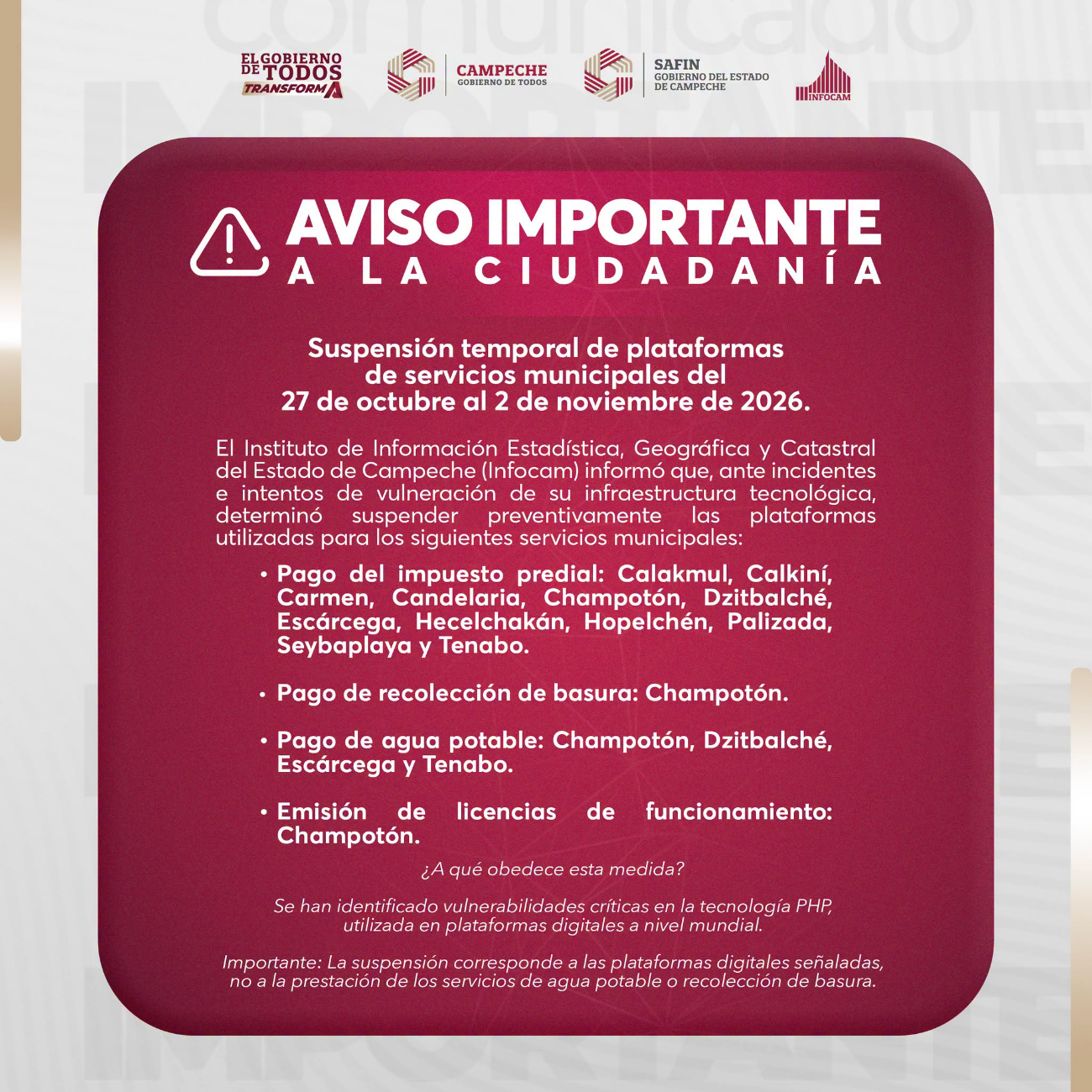 El aviso fue emitido por el Infocam tras detectar ataques e intentos de vulneración a la infraestructura tecnológica estatal.