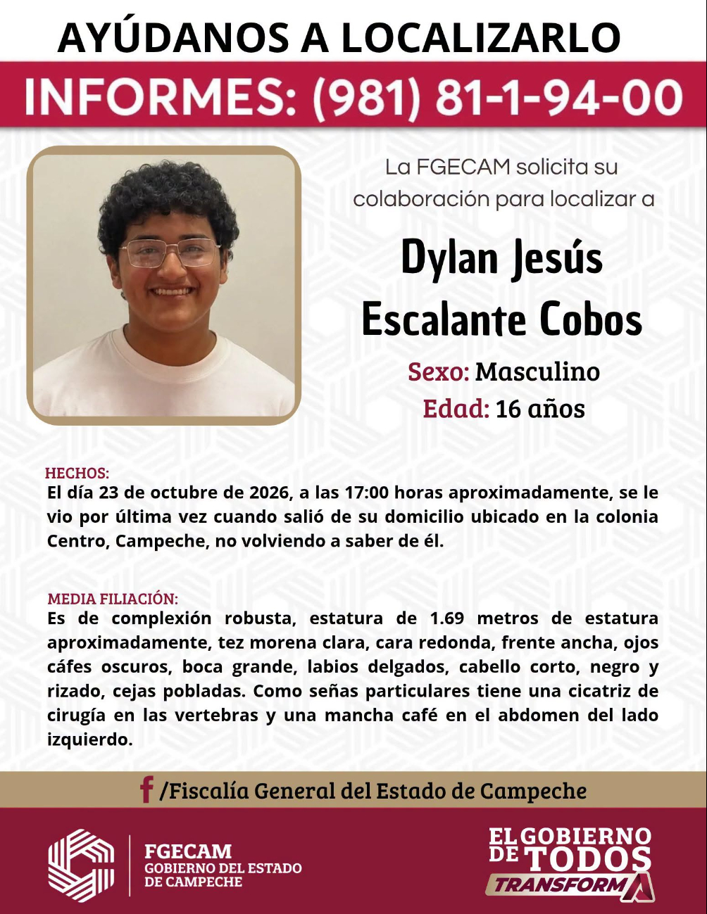 Dylan Jesús fue visto por última vez el 23 de octubre tras salir de su domicilio en la colonia Centro.