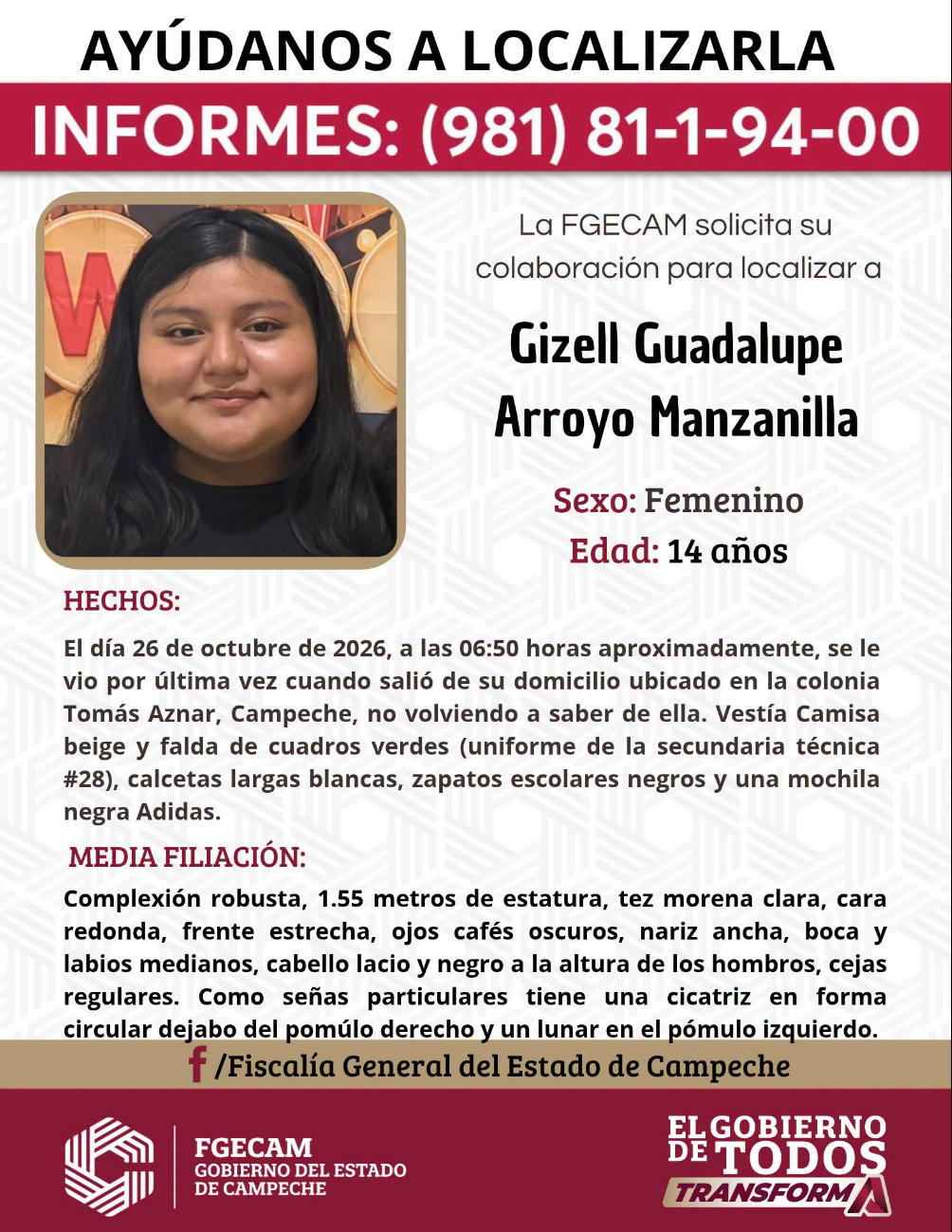 Fiscalía busca a estudiante de secundaria desaparecida en Campeche; fue vista por última vez en Tomás Aznar