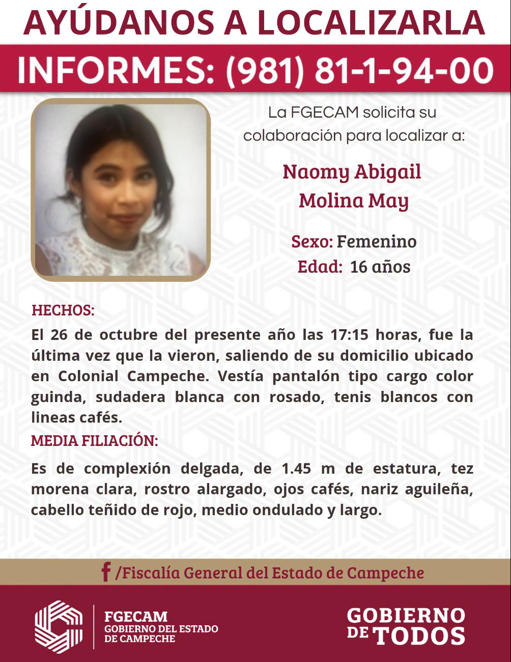 Naomy Abigail desapareció el 26 de octubre en el fraccionamiento Colonial Campeche.