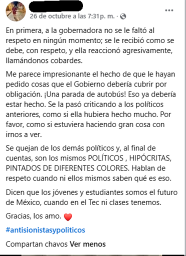 La estudiante J.A. afirmó que la comunidad universitaria recibió a la mandataria con total respeto