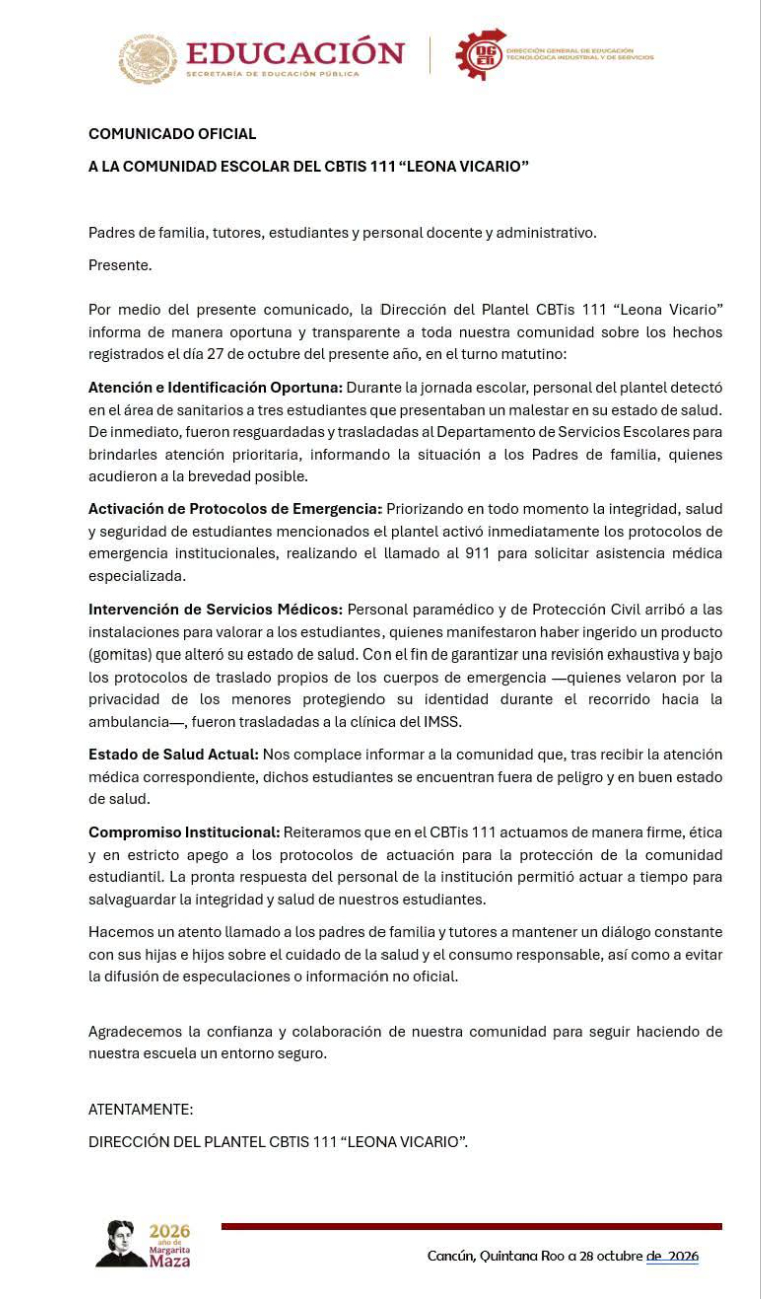 La Secretaría de Educación emitió un comunicado oficial confirmando la activación de protocolos.