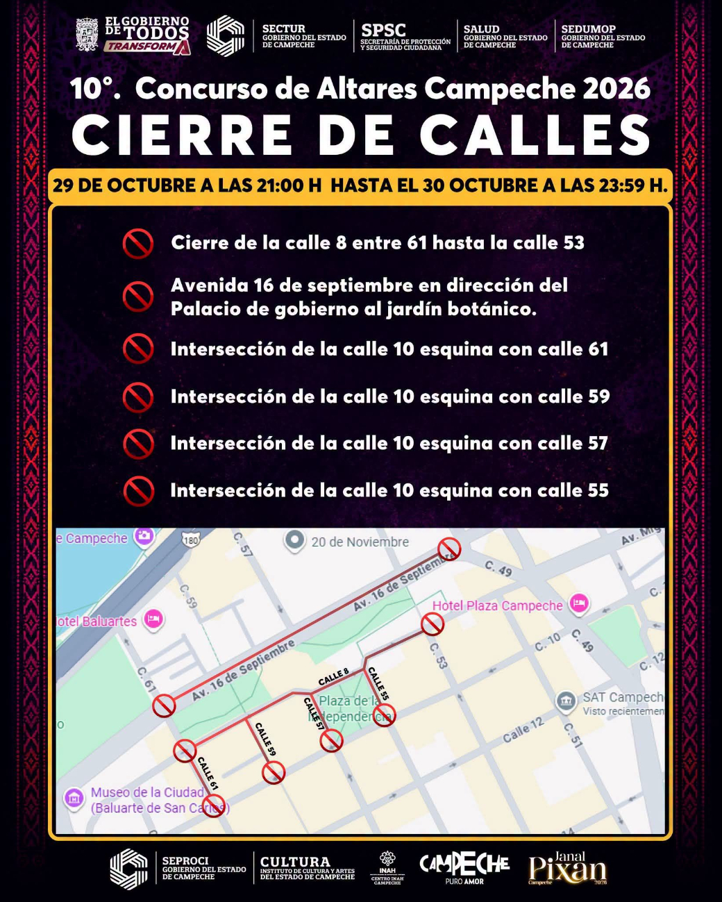 El Janal Pixán 2026 ocasionará cierres viales en el Centro Histórico de Campeche.