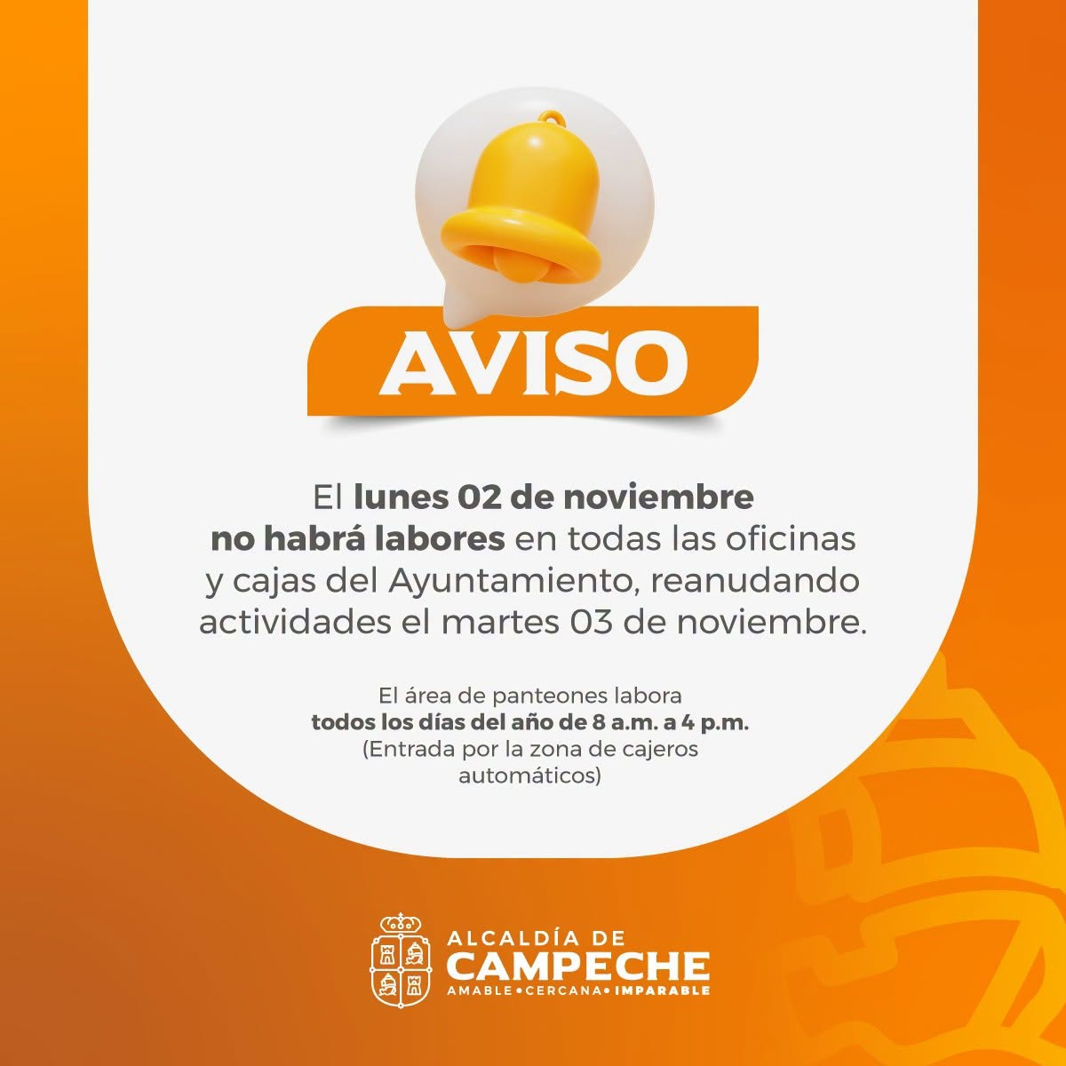 La Alcaldía de Campeche suspenderá labores el lunes 2 de noviembre de 2026.
