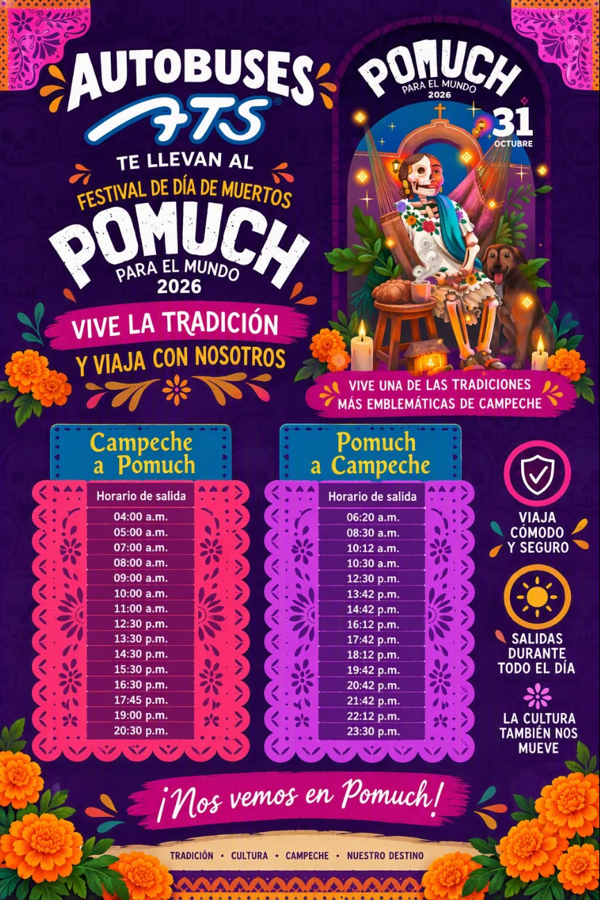 El último autobús de regreso saldrá de Pomuch a las 23:30 horas.