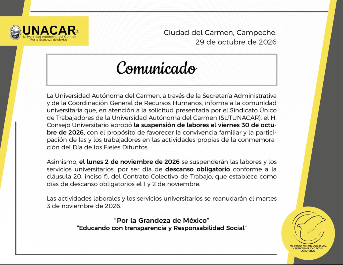 El descanso del 2 de noviembre en la UNACAR está estipulado como obligatorio en su Contrato Colectivo de Trabajo.