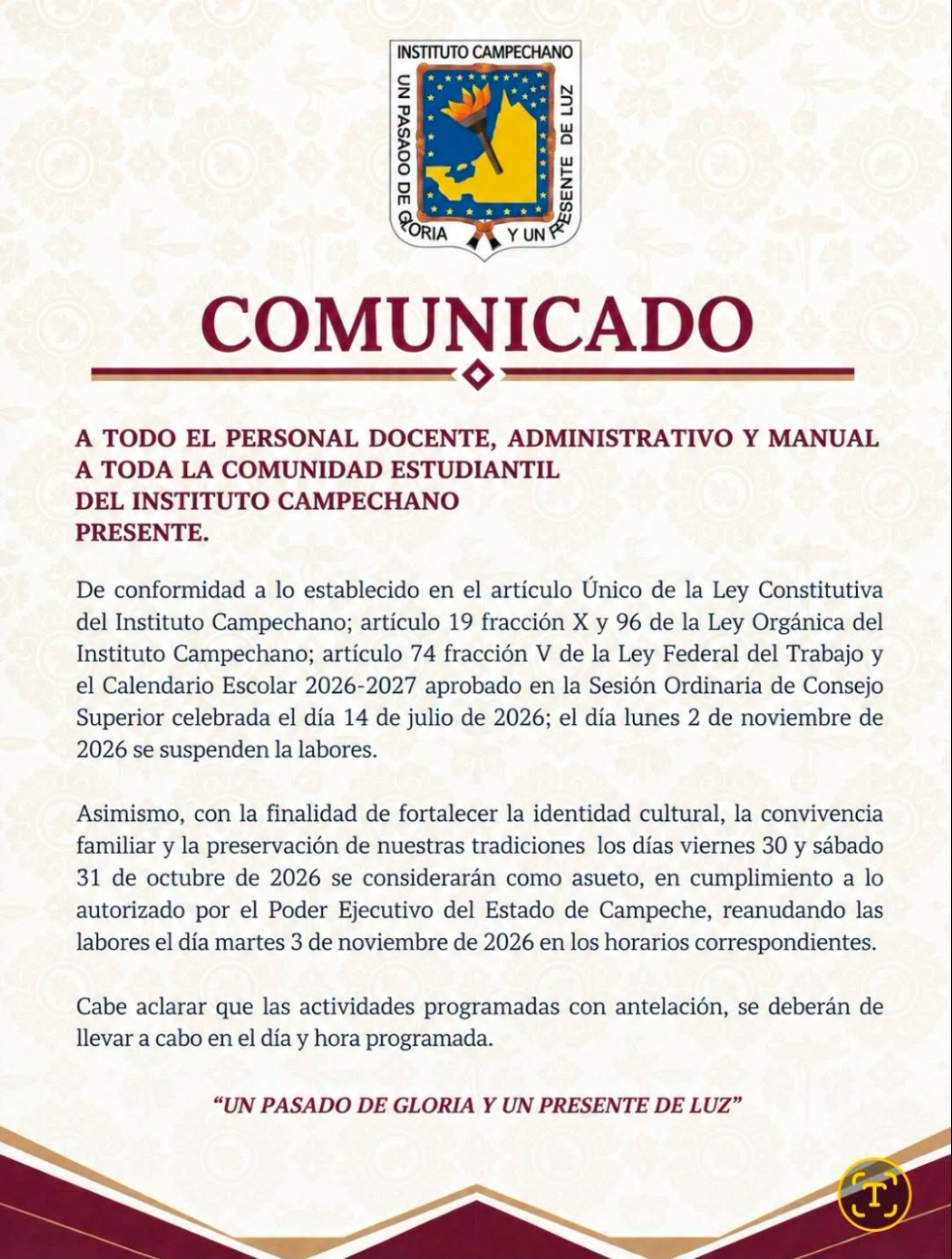 El Instituto Campechano fundamentó el paro en su Calendario Escolar 2026-2027 aprobado por su Consejo Superior.