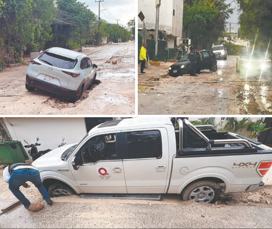Automóviles atascados en baches fue la postal matutina en el polígono sur de esta ciudad; incluso vehículos oficiales quedaron atrapados