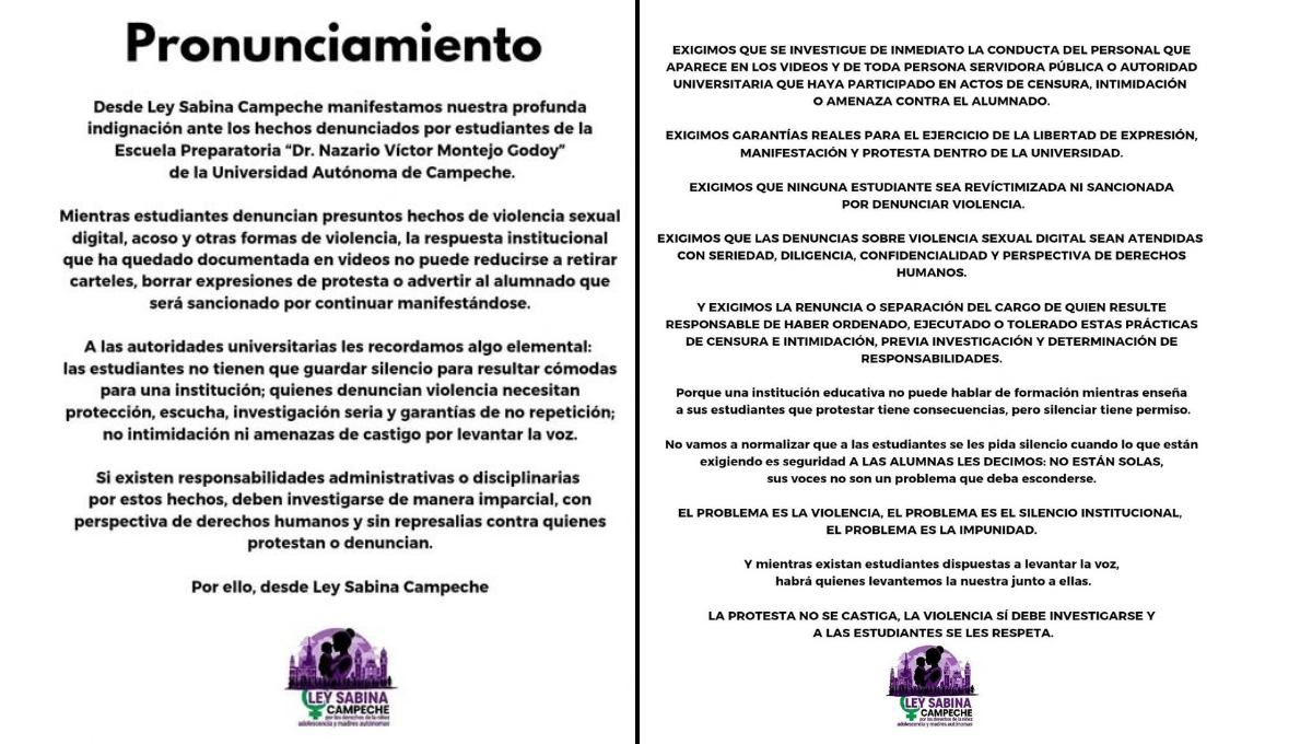 Ley Sabina afirmó que la UACAM no puede responder retirando carteles ni amenazando con sancionar las expresiones del alumnado.