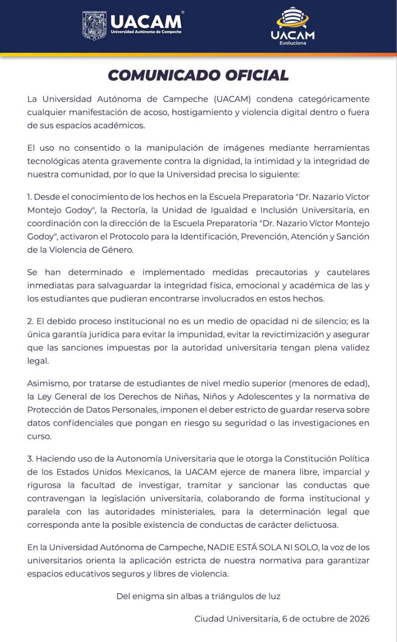 La UACAM condenó el uso no consentido de imágenes y confirmó la activación del Protocolo de Violencia de Género.