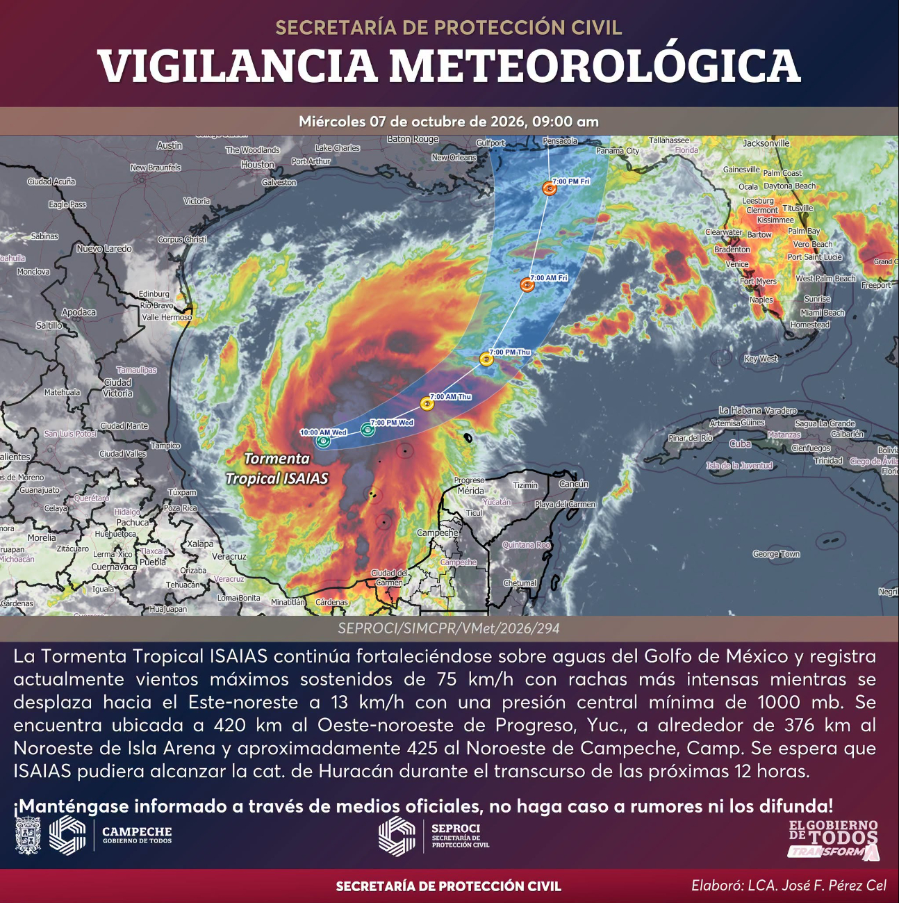 Seproci prevé que el fenómeno podría intensificarse a huracán en las próximas 12 horas.