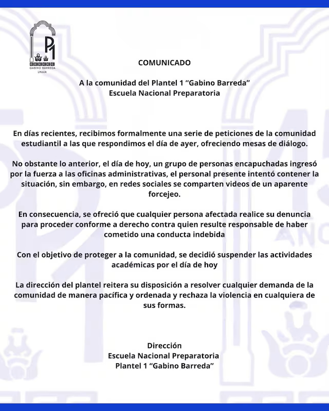 La UNAM informó que había ofrecido mesas de diálogo previas para revisar el pliego petitorio.