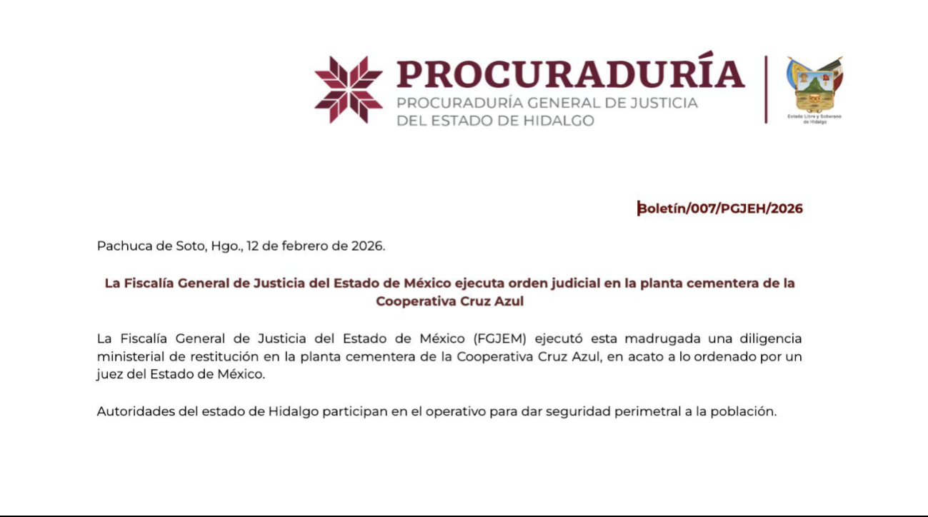 Comunicado de la Procuraduría Gerneral de Justicia del estado de Hidalgo sobre lo ocurrido esta madrugada en la planta cementera de la Cooperativa Cruz Azul
