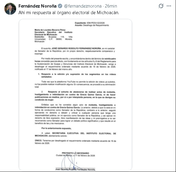 Con la eliminación de los materiales, el senador solicitó que se le tenga por cumplido el requerimiento