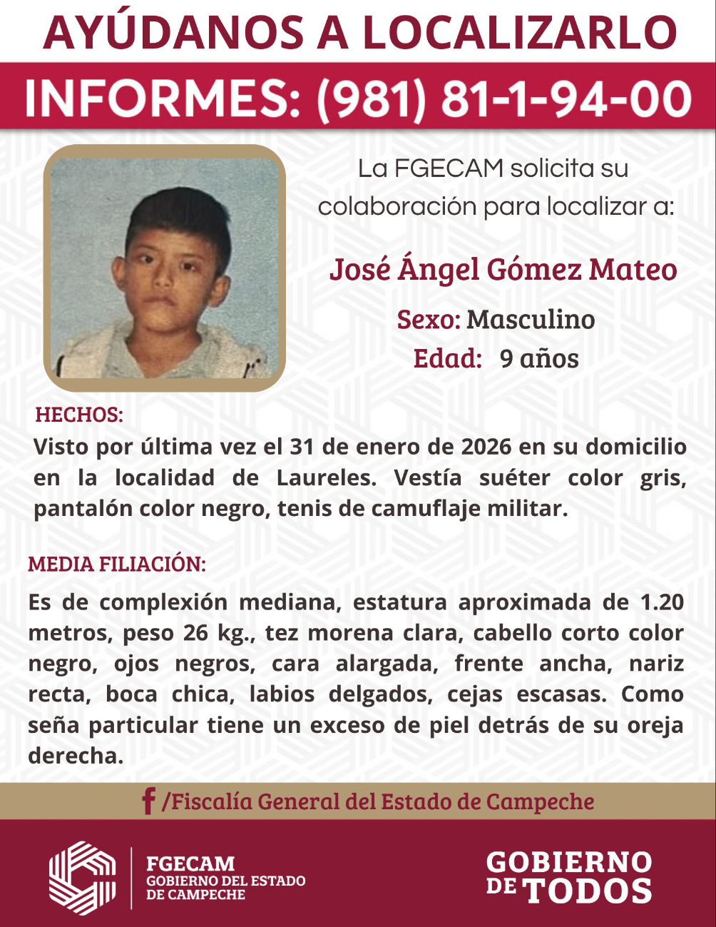 Fiscalía de Campeche pide apoyo para localizar a menor desaparecido