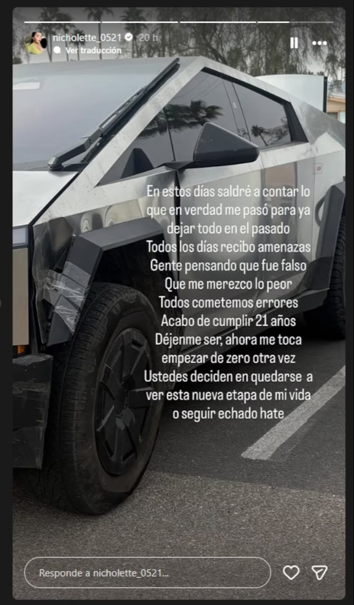 Mensaje de La Nicholette en sus redes sociales