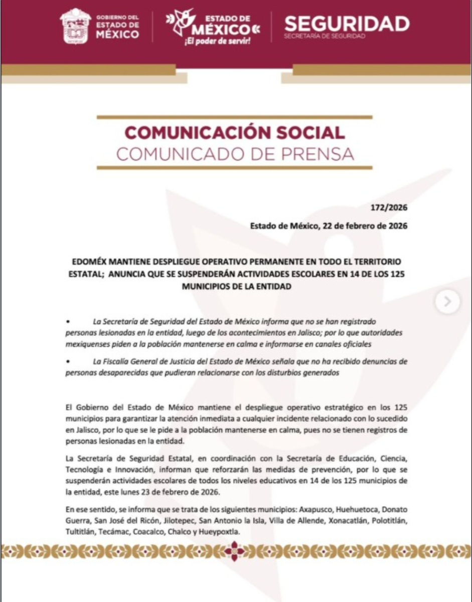Gobierno del Edomex informa suspensión de clases en 14 municipios.