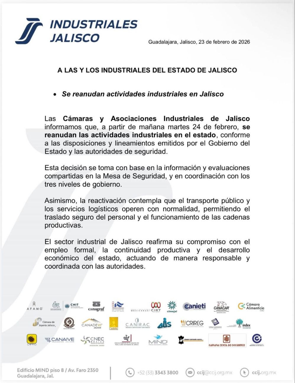 Las industrias reactivarán operaciones el martes 24 de febrero bajo coordinación con autoridades de seguridad.