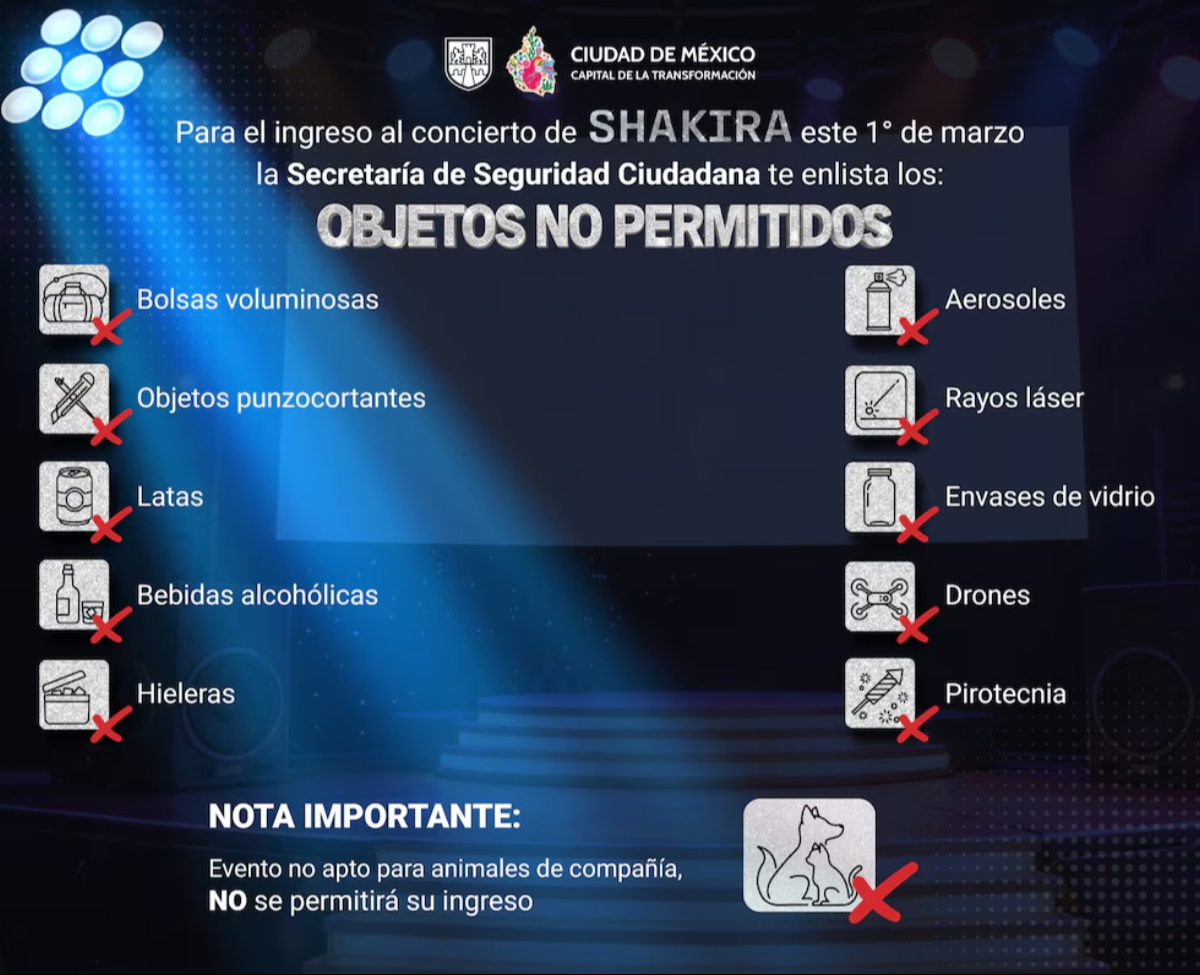 Objetos prohibidos para el concierto de Shakira en el Zócalo.