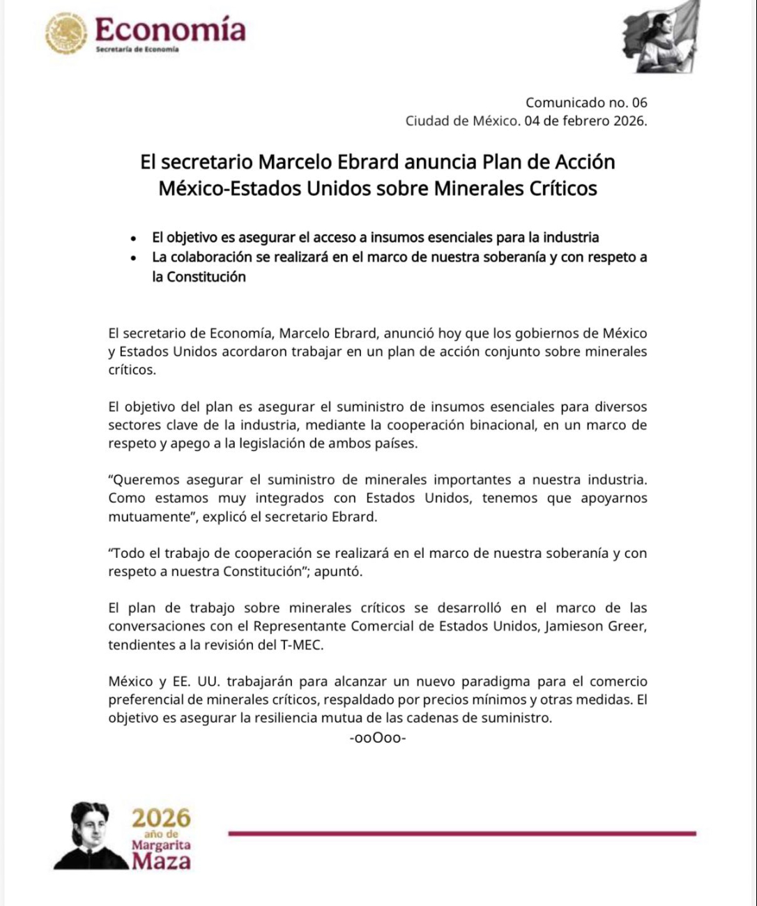 México y Estados Unidos lanzan plan conjunto sobre minerales críticos.