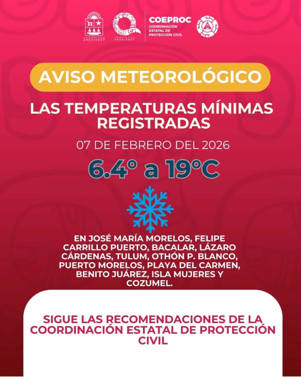 Felipe Carrillo Puerto registró la temperatura más baja del estado con 6.4°C.