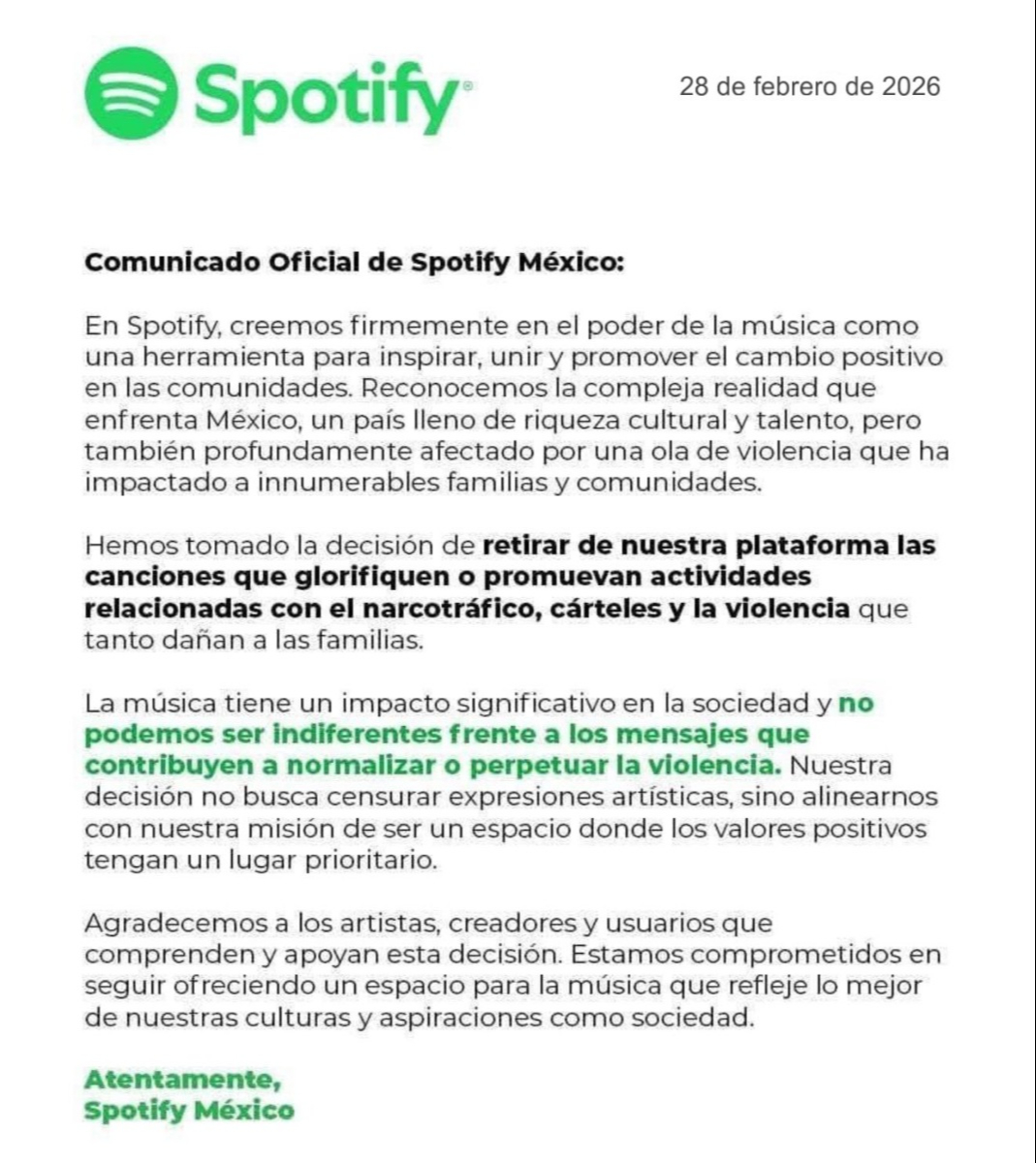 Comunicado de Spotify que circula en redes sociales.
